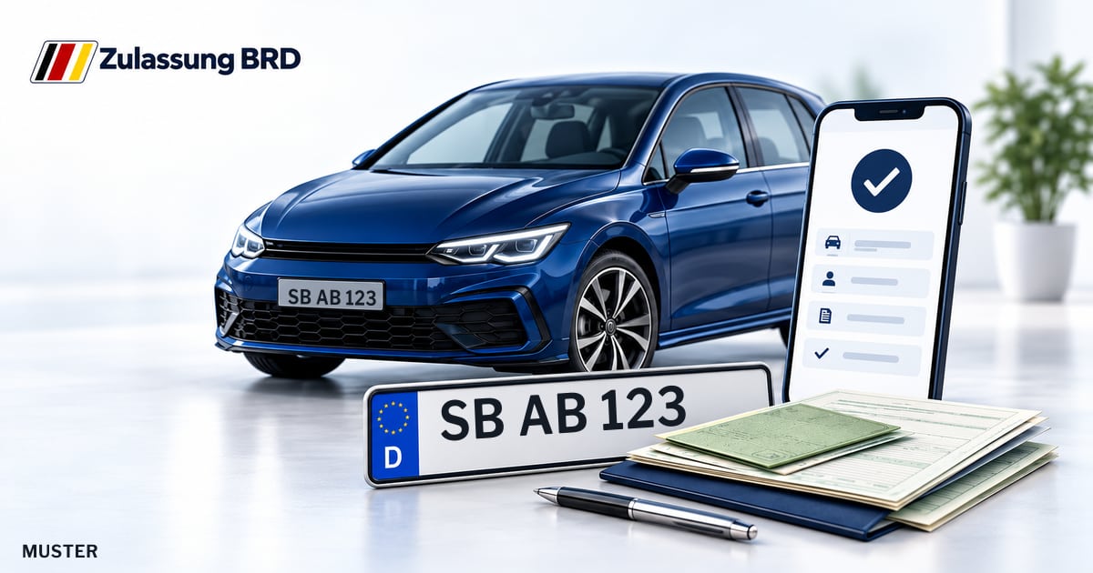 Online Fahrzeugzulassung in Riegelsberg: Musterkennzeichen SB AB 123, Auto und Fahrzeugpapiere und Smartphone. Illustration mit Logo von Zulassung BRD.